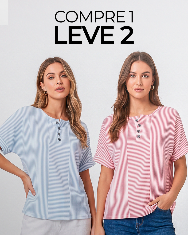 (Compre 1 Leve 2) Blusa Euddora Com Listras Delicadas e Botões Frontais