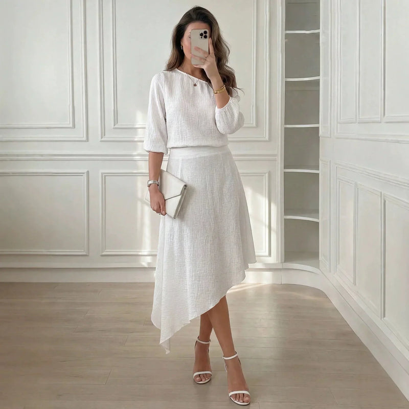Conjunto Larisse em Viscose Texturizada, Blusa de Ombro Único e Saia de Caimento Fluido