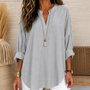 Blusa Aline em Linho de Algodão com Mangas Longas Dobráveis e Decote em V