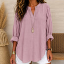 Blusa Aline em Linho de Algodão com Mangas Longas Dobráveis e Decote em V