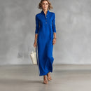 Vestido Noriele com Gola Polo, Listras Laterais e Modelagem Longa